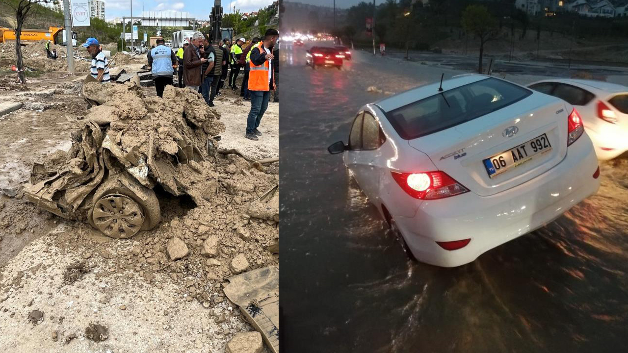 Ankara'yı sel vurdu! Logar kapağına takıldı, kanalizasyona düştü: Hurdaya dönen otomobil böyle çıkarıldı!