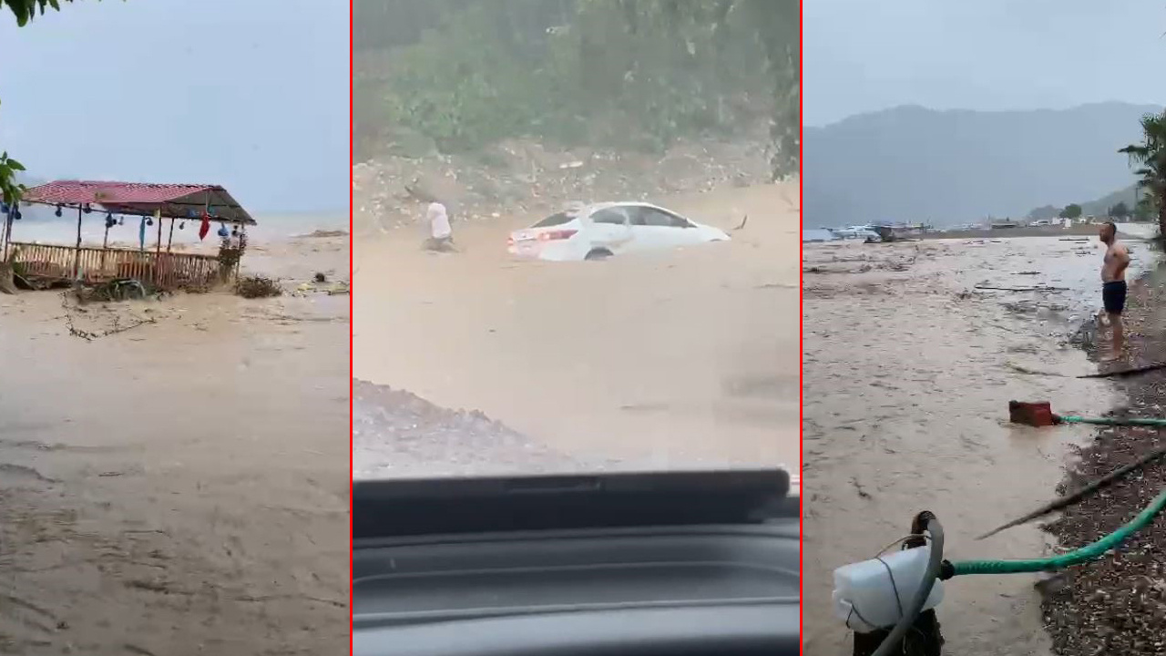 Antalya’da şiddetli yağmur hayatı felç etti! Otomobil sel sularıyla sürüklendi