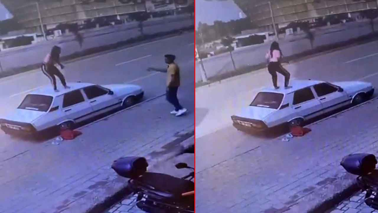 Yer Adana: İlginç görüntüler ortaya çıktı! Genç kadın otomobilin tavanına çıkıp herkesi şaşırttı!