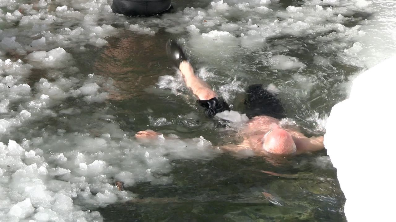 Buz tutmuş göle girdiler, güle oynaya yüzdüler!
