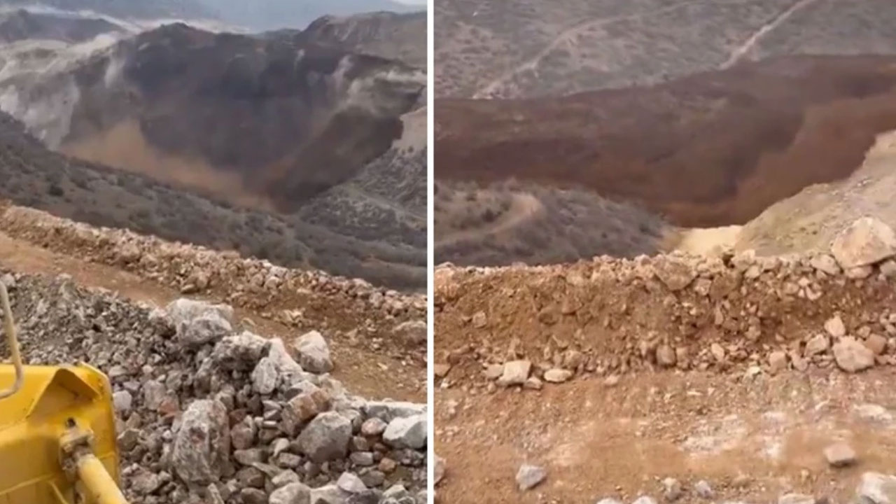 Altın madeninin bulunduğu bölgede toprak kayması anı güvenlik kamerasında