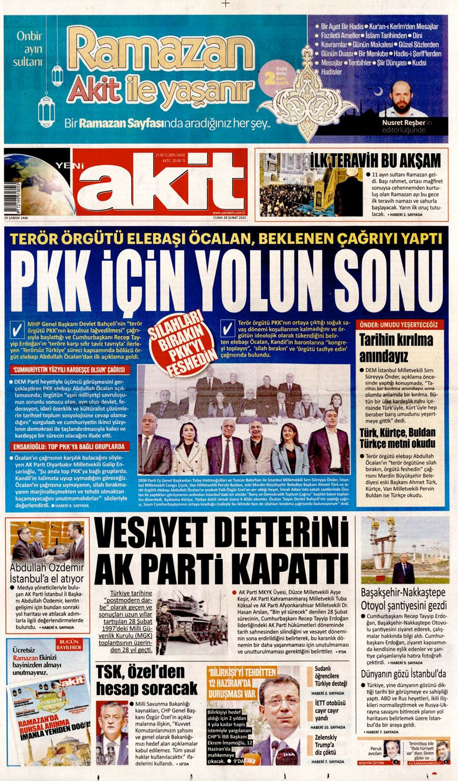 Abdullah Öcalan'ın PKK'ya silahı bırak çağrısını gazeteler nasıl gördü Sözcü'den olay manşet
