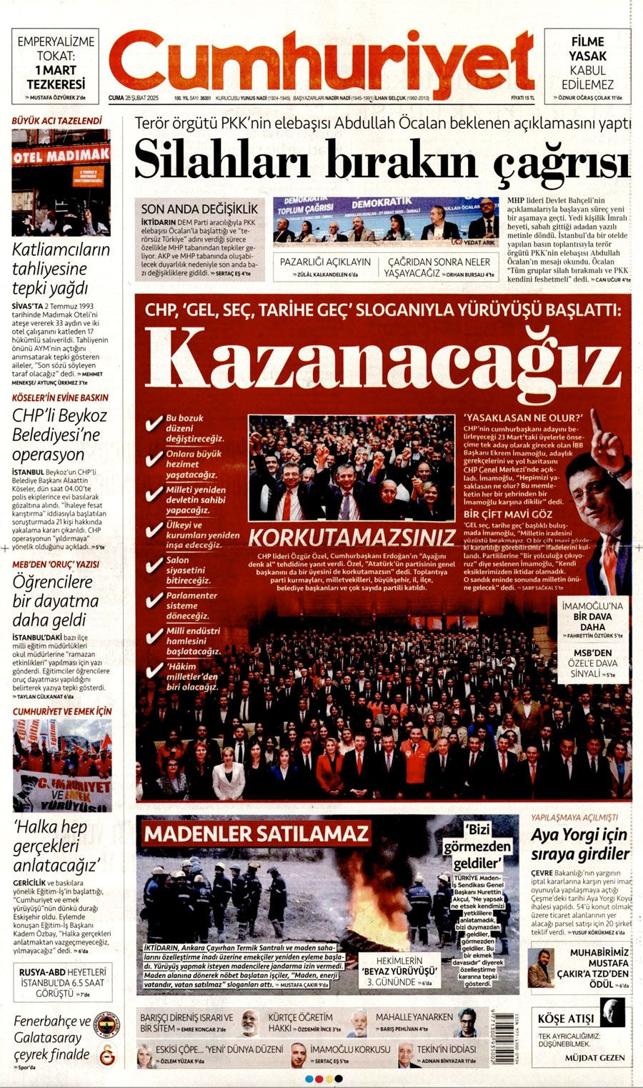 Abdullah Öcalan'ın PKK'ya silahı bırak çağrısını gazeteler nasıl gördü Sözcü'den olay manşet